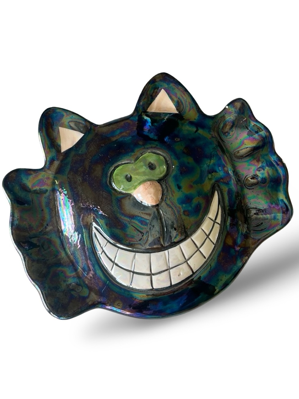 Handcrafted Iridescent Whimsical Raku Ceramic Cat Lidded Trinket Bowl